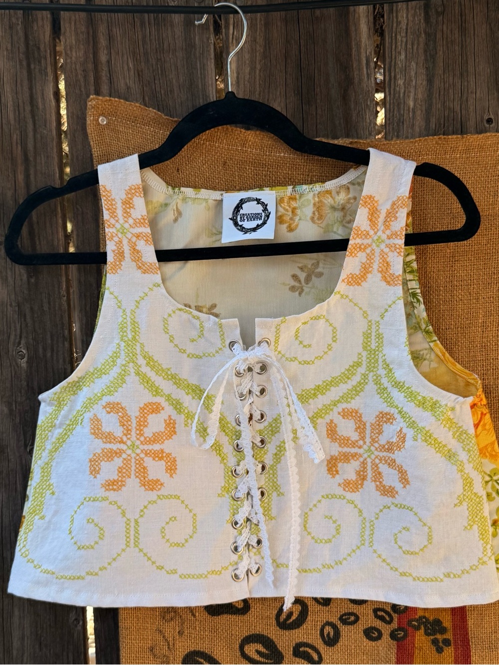 Handmade vintage Lace-Up Cropped Tank Top - White with Green & Orange Embroidery